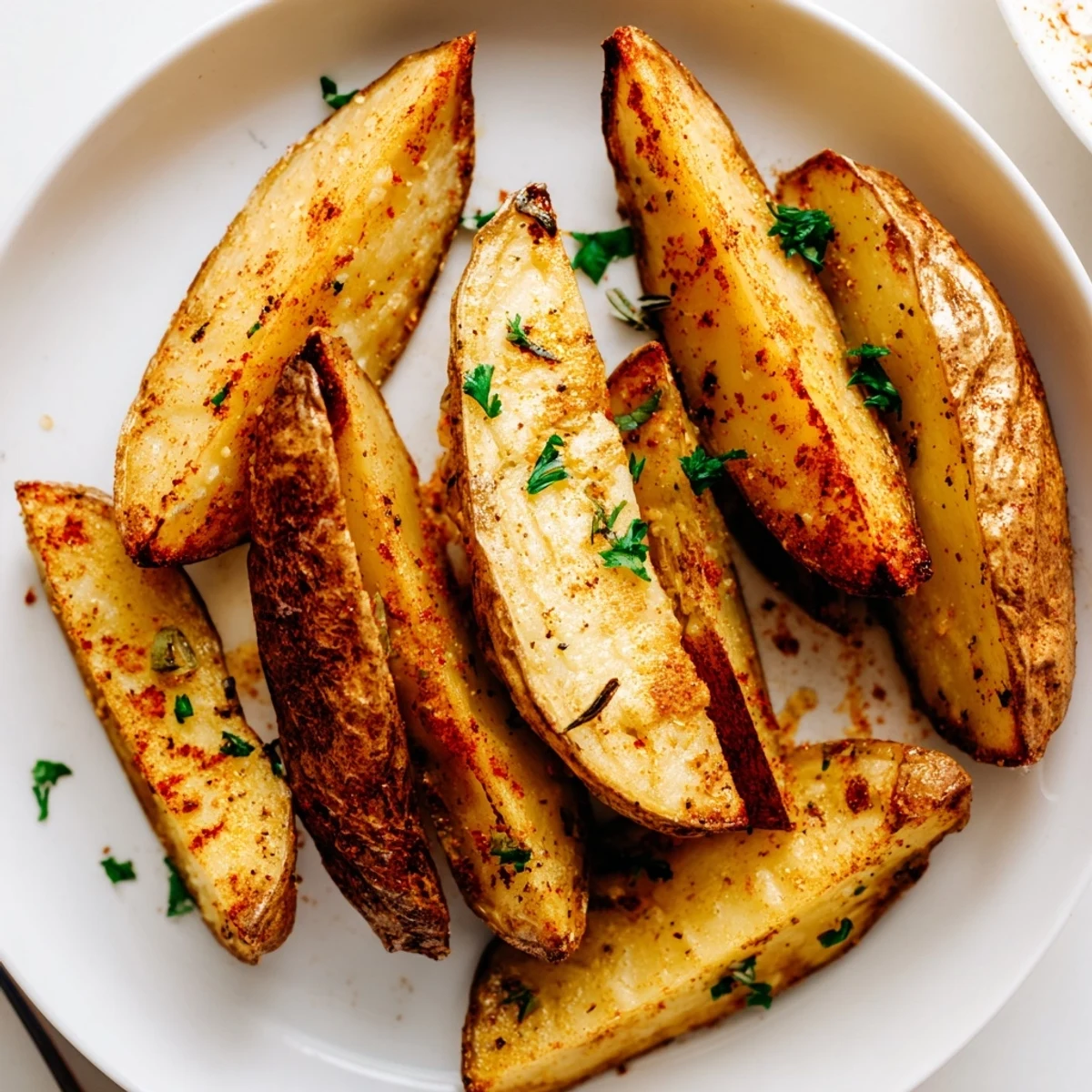 Seasoned Potato Wedges tossed in olive oil, paprika aroma, perfect for dipping