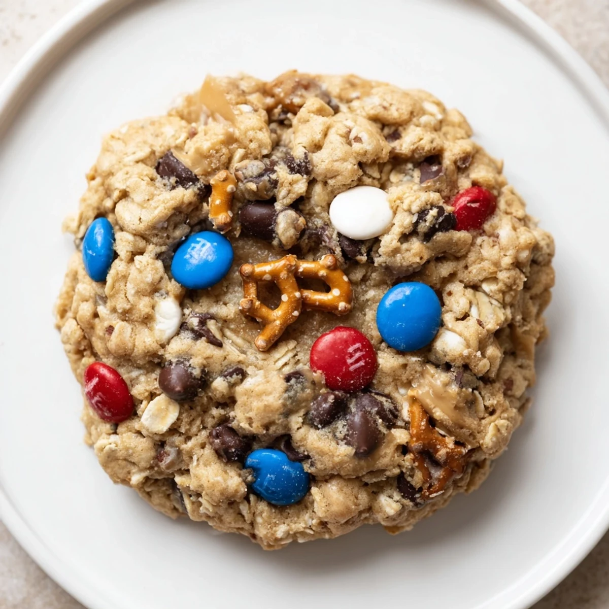 Warm Patriotic Monster Cookies Recipe fresh from oven, melty chocolate chips, colorful candies.