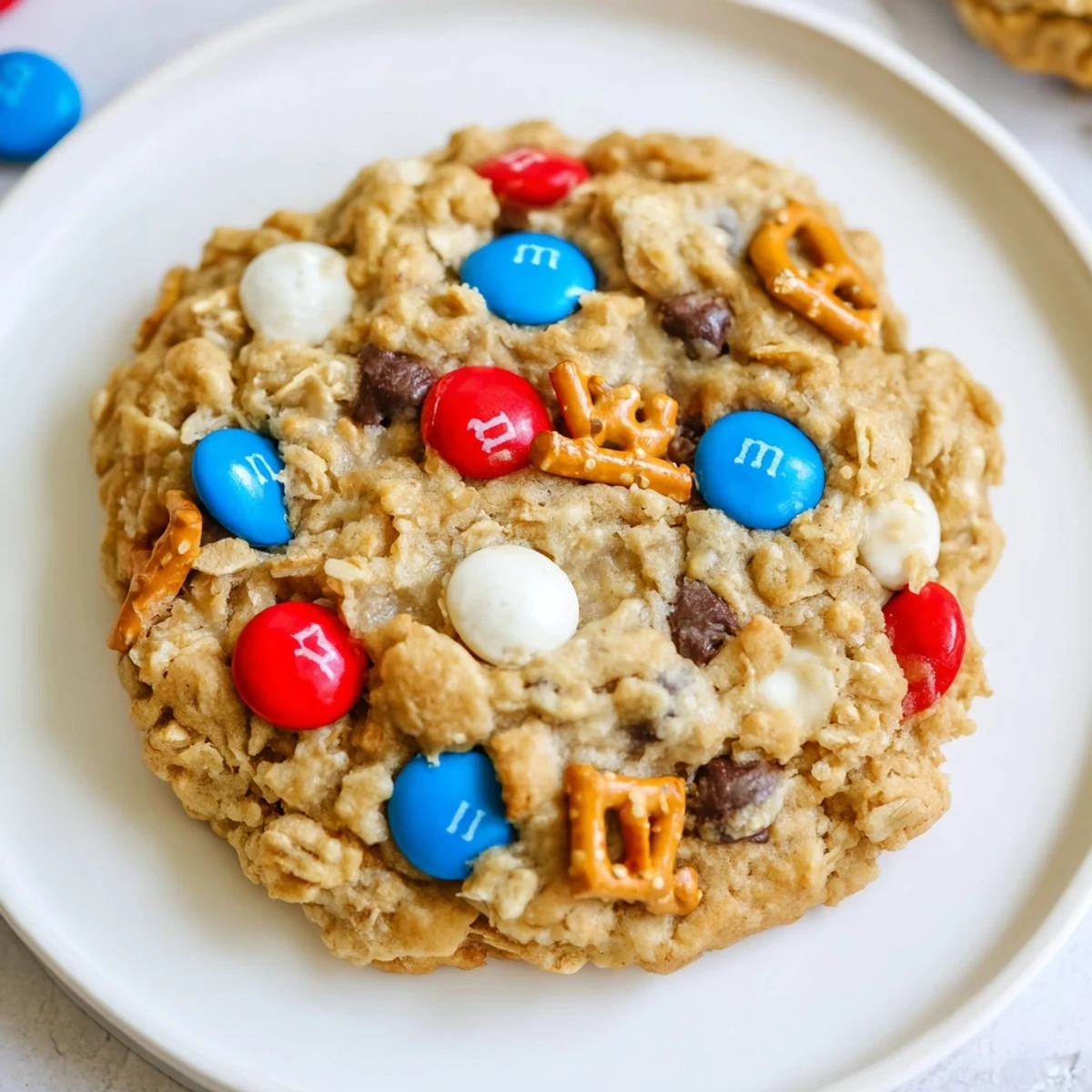 Patriotic Monster Cookies Recipe cooling on a rack, chewy oats, peanut butter.