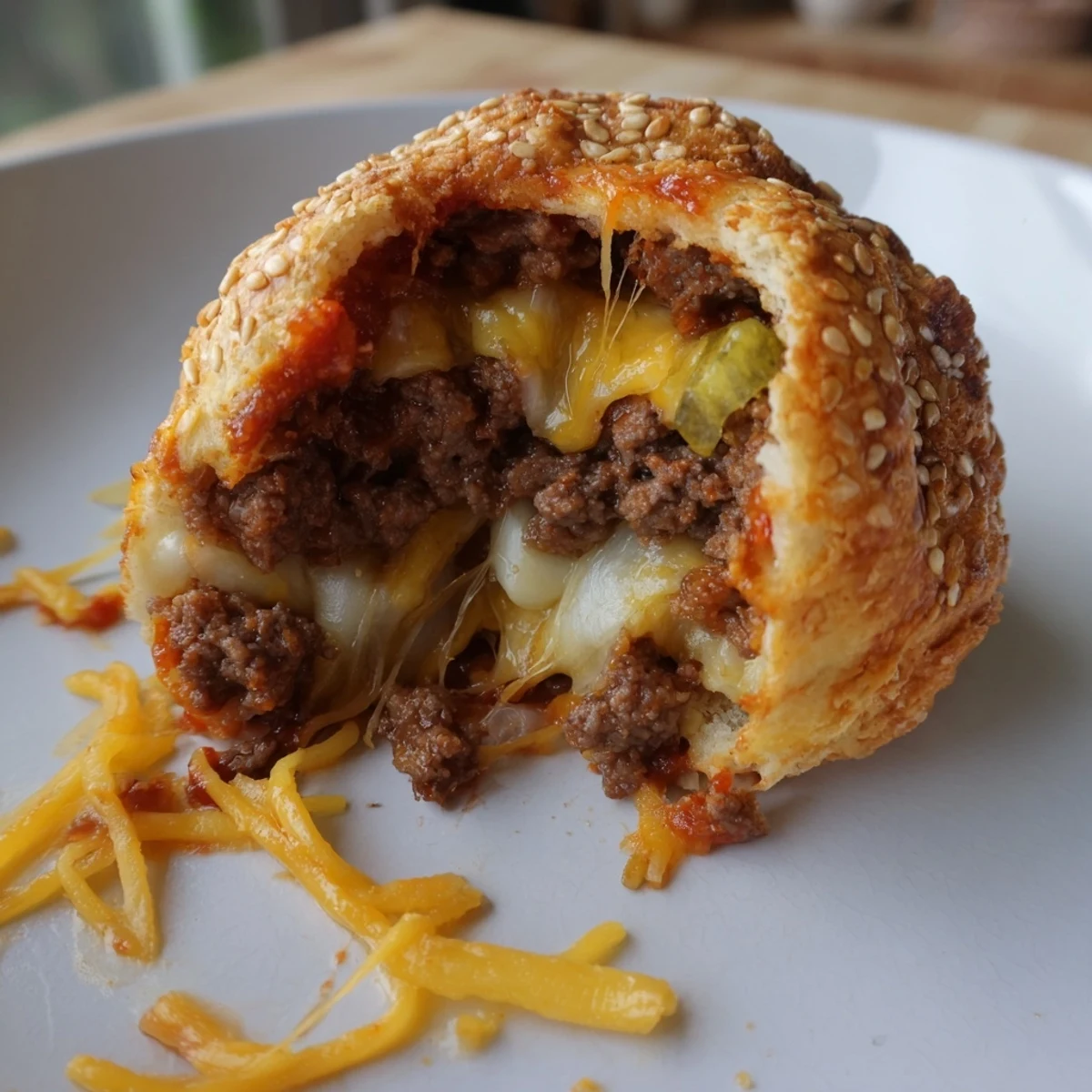 Golden Cheesy Cheeseburger Bombs steaming on a tray, oozing melted cheddar