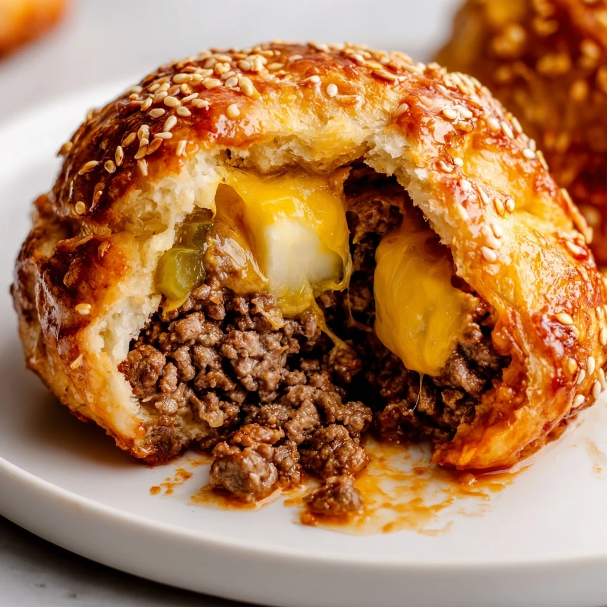 Hot Cheesy Cheeseburger Bombs split open, reveal gooey mozzarella, served with ketchup