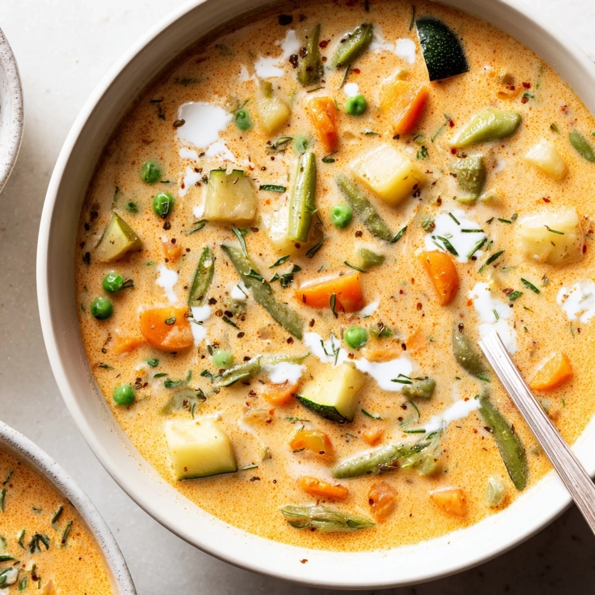 Simple Creamy Vegetable Soup Recipe bright vegetable chunks and warm, creamy aroma.