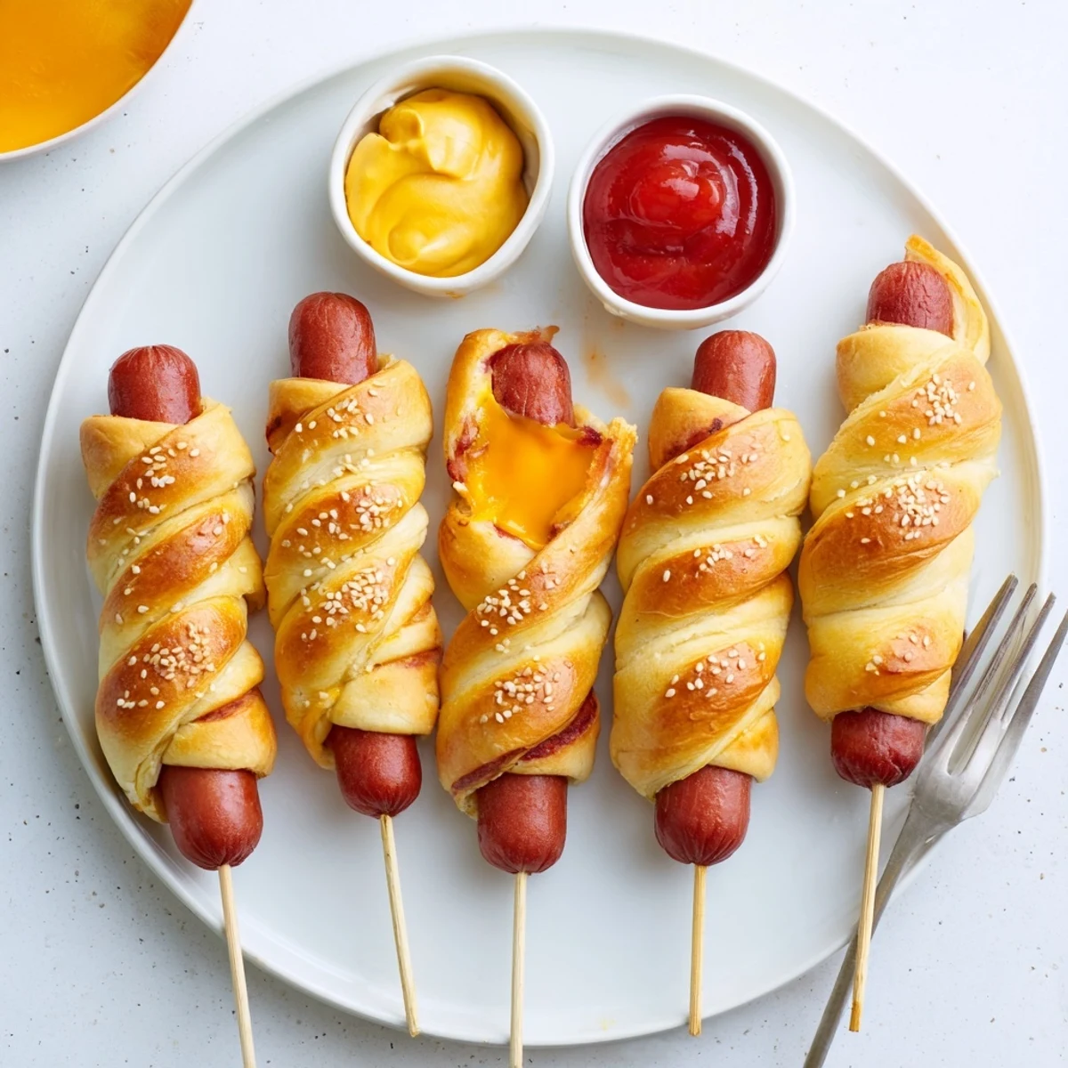 Firecracker Hot Dogs Recipe golden crescent roll wrapped bites brushed with butter