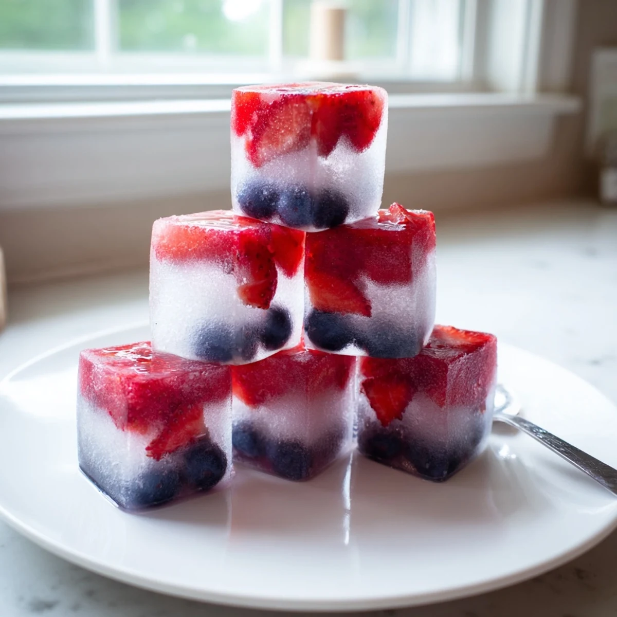 Ice cube tray reveals Red White And Blue Ice Cubes Recipe with fresh fruit.
