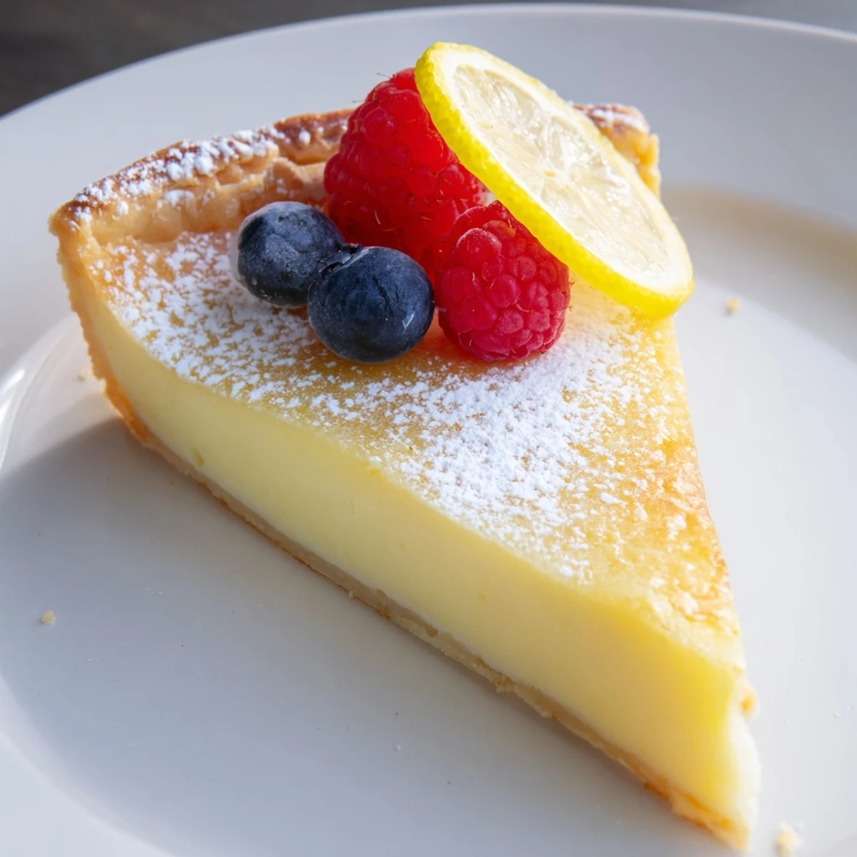 Creamy Lemon Tart Recipe on a golden crust, dusted with powdered sugar
