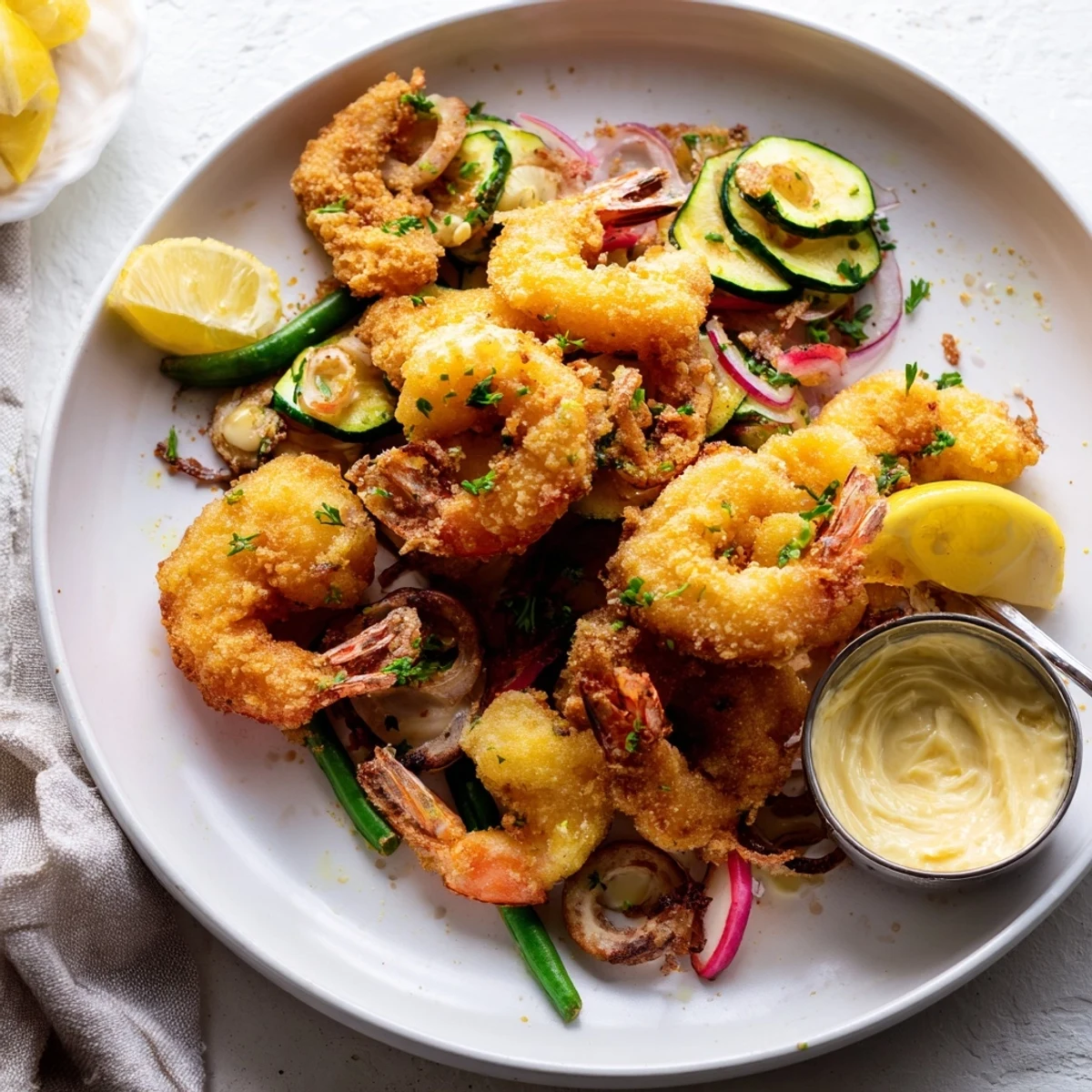 Crispy Shrimp Fritto Misto piled on platter, golden crunch, lemon wedges  
