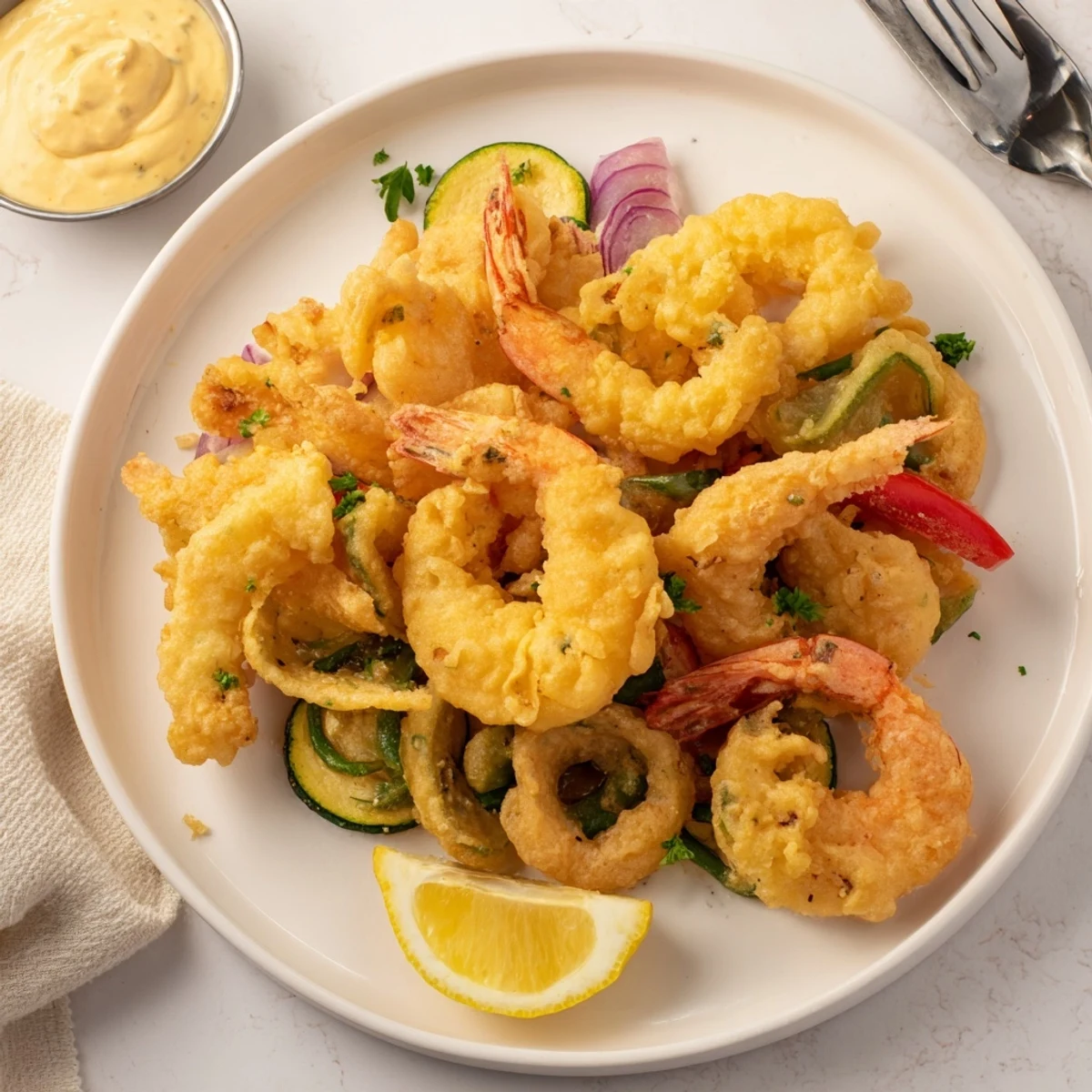 A steaming Crispy Shrimp Fritto Misto with parsley, aioli for dipping  