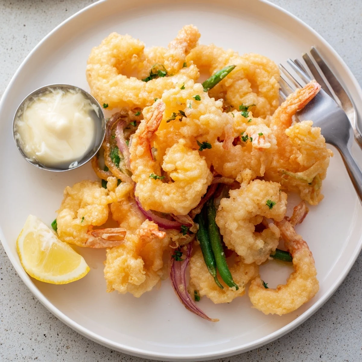 Crispy Shrimp Fritto Misto arranged with zucchini and peppers, light batter