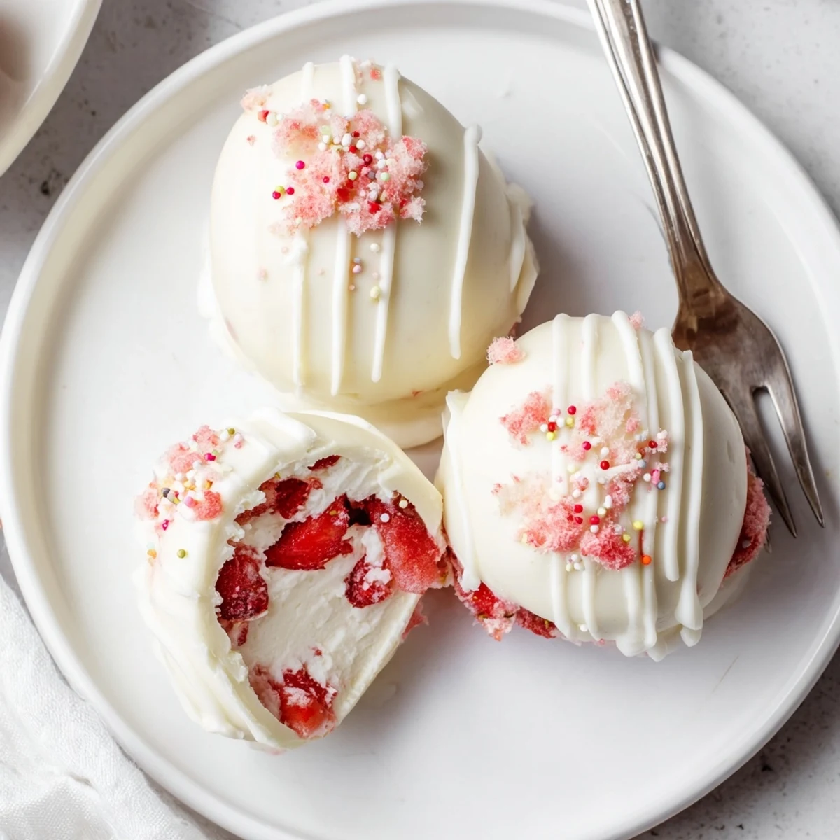 Strawberry Shortcake Easter Egg Bombs with creamy whipped filling and crushed shortcake
