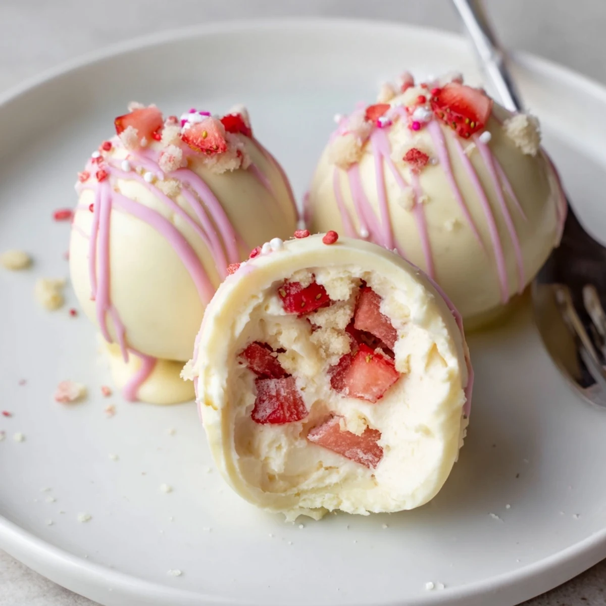 Chilled Strawberry Shortcake Easter Egg Bombs drizzled in chocolate with colorful spring sprinkles