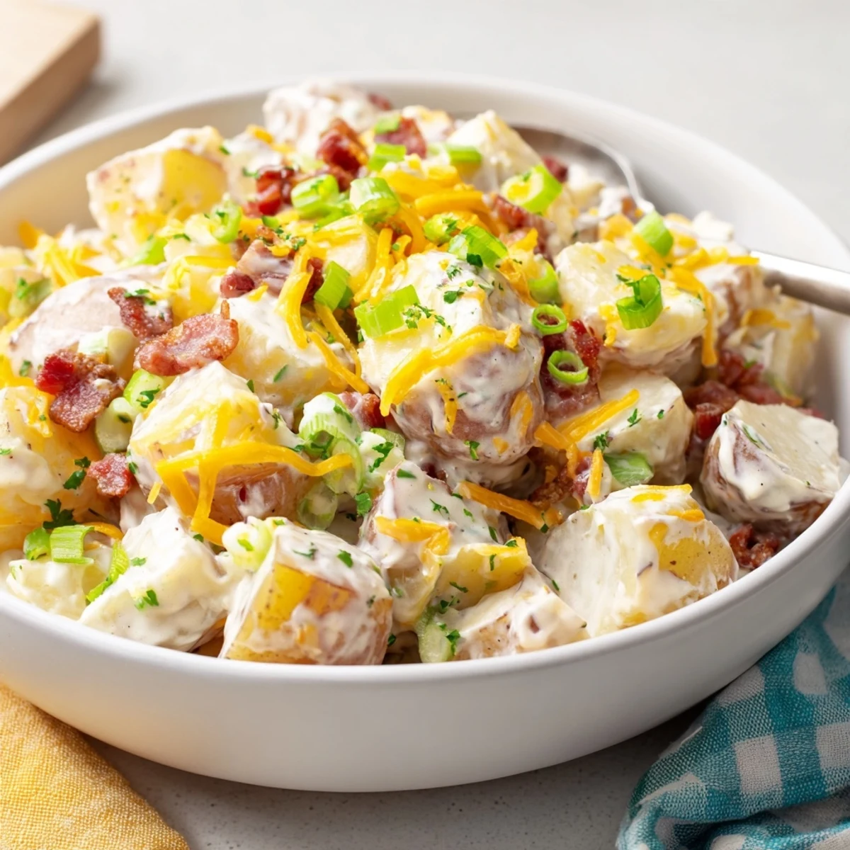 Beef Bacon Loaded Potato Salad glistening with creamy dressing, crisp bacon, fresh herbs