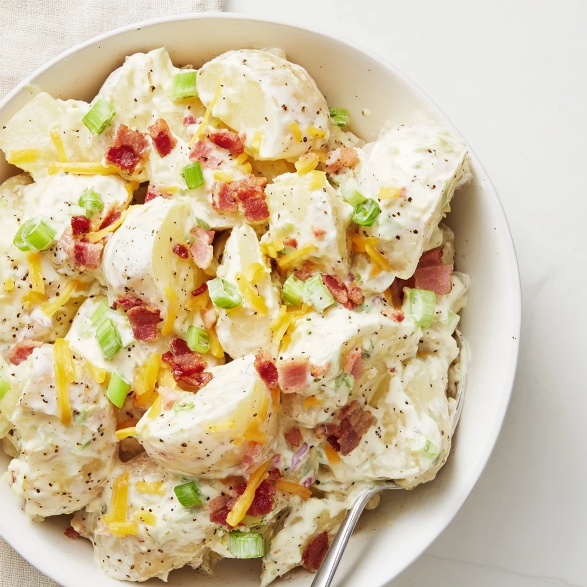 Crowd-size Beef Bacon Loaded Potato Salad tossed warm with celery, green onions