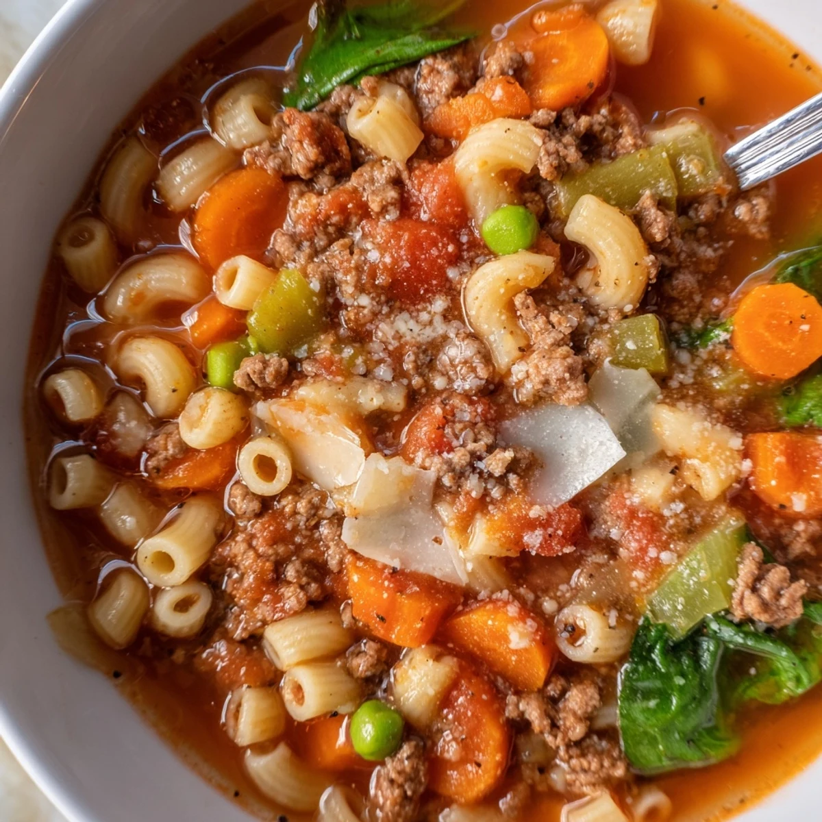 Aromatic steaming bowl of Delicious Homemade Ground Beef Pasta Soup Recipe For Comfort