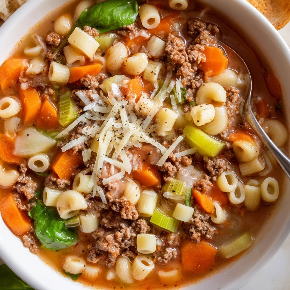 Delicious Homemade Ground Beef Pasta Soup Recipe For Comfort, served with crusty bread