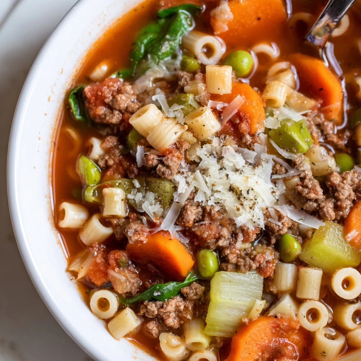 Close up spoonful from Delicious Homemade Ground Beef Pasta Soup Recipe For Comfort, savory