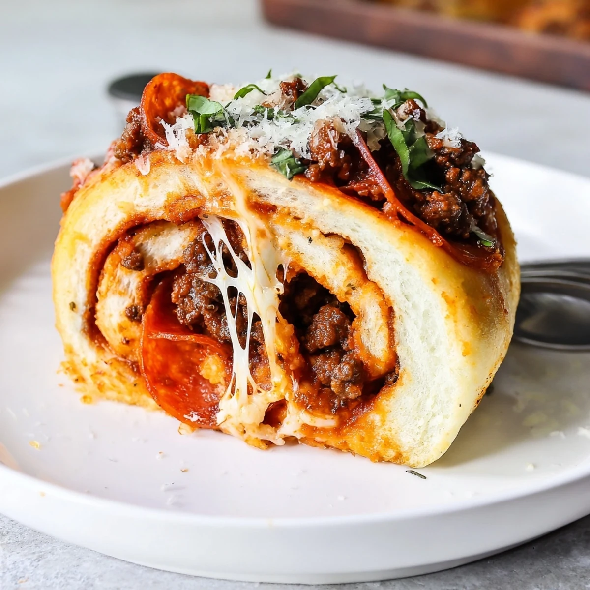 Warm Cheesy Beef Pepperoni Pizza Roll Ups Snack Recipe served with tangy pizza sauce.