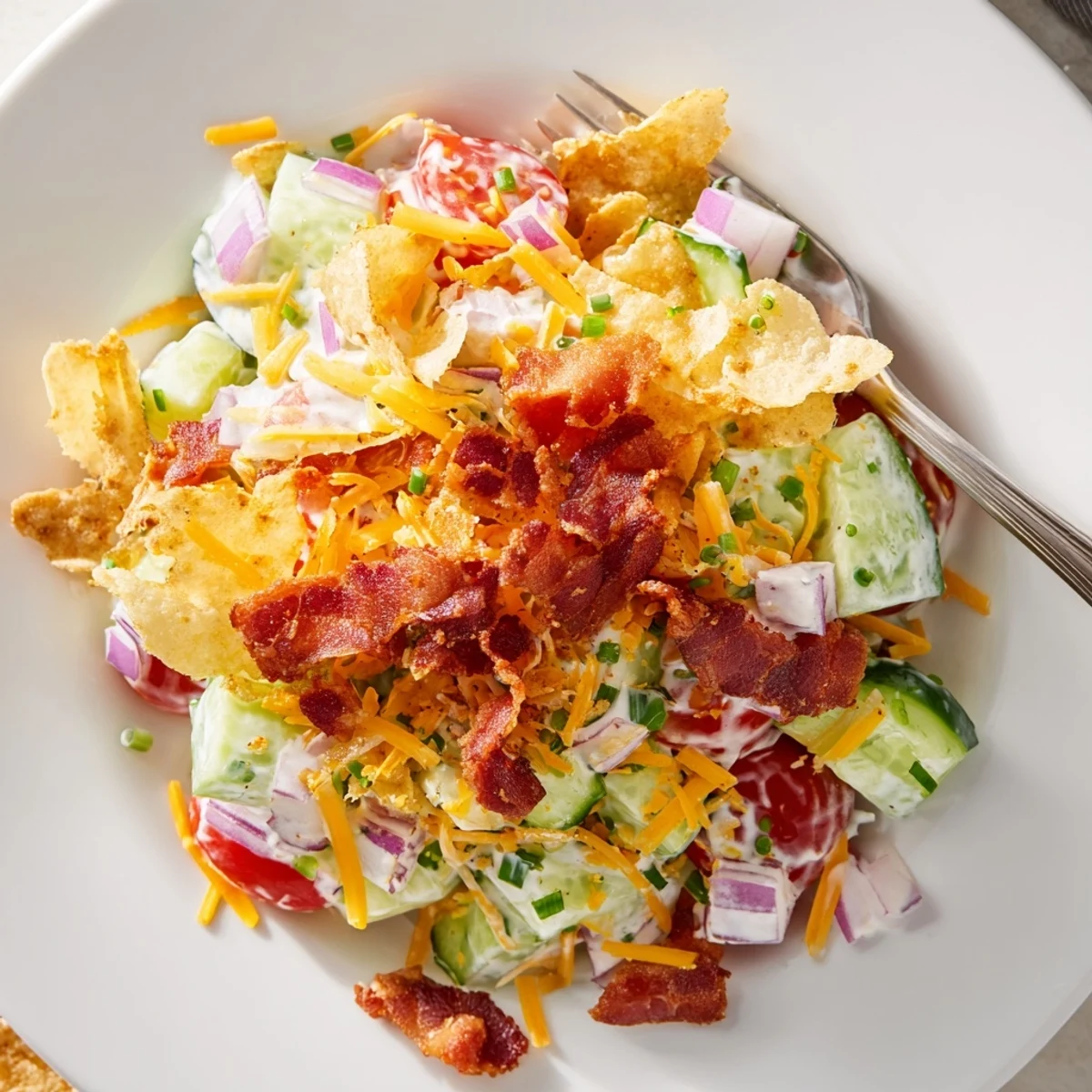 Cucumber Ranch Crack Salad with crispy bacon, cheddar, and crunchy chip topping.