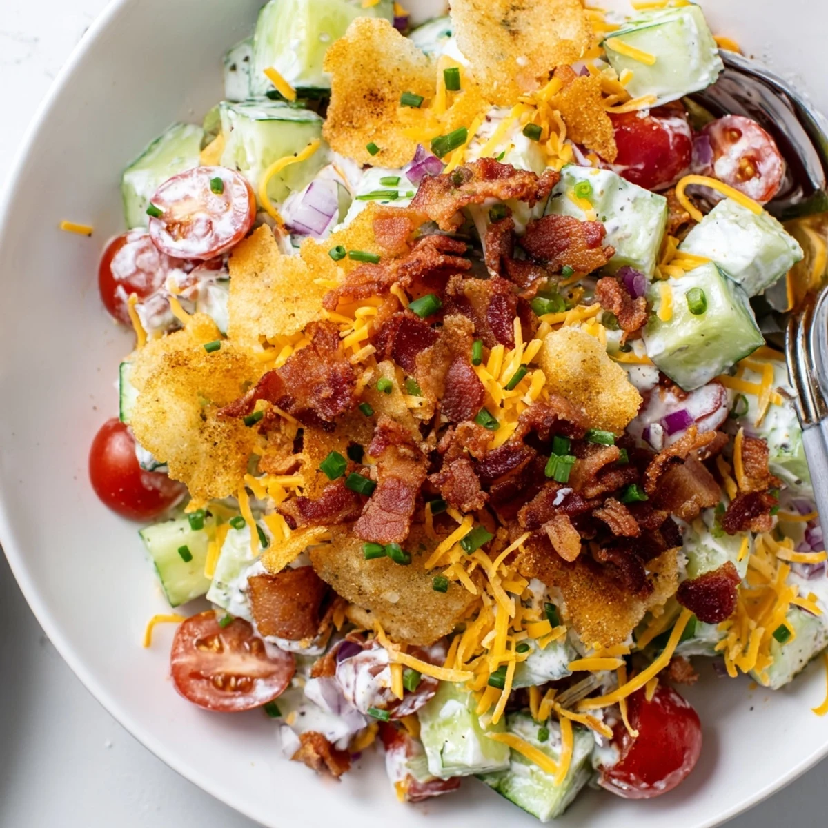 Potluck-ready Cucumber Ranch Crack Salad piled high with diced cucumbers and chives.