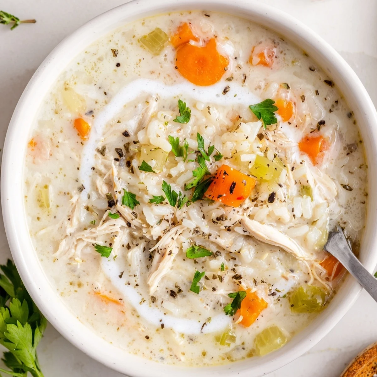 Steaming bowl of vegetables and chicken in Creamy Chicken Rice Soup, comforting.