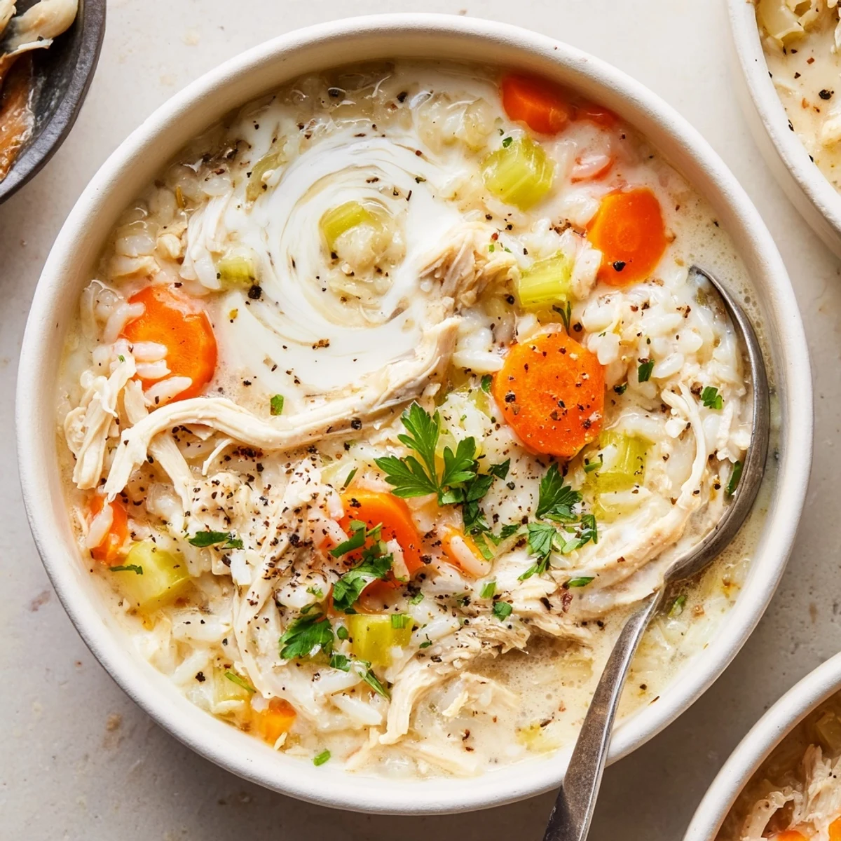 Warm Creamy Chicken Rice Soup ladled into bowl, rice plump and comforting.