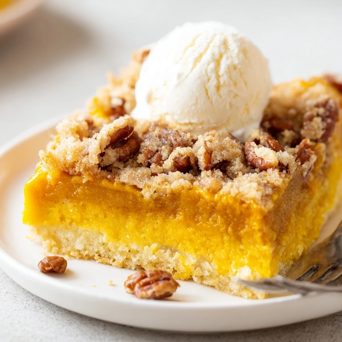 Warm Pumpkin Dump Cake bubbling with spiced pumpkin and crunchy pecan topping