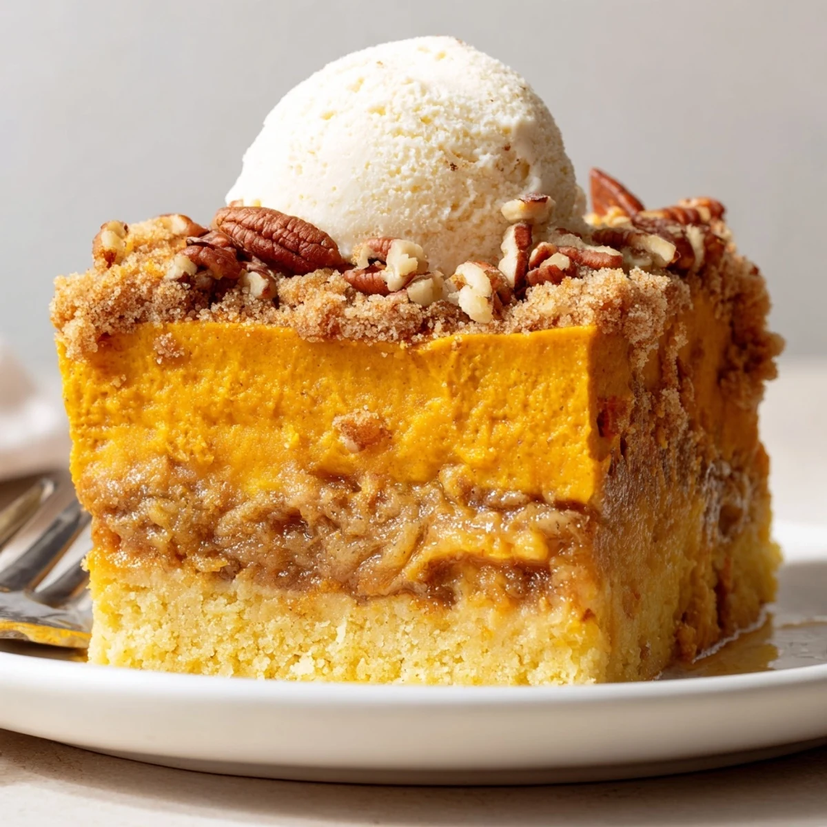Sliced Pumpkin Dump Cake on plate, golden crust, served with vanilla ice cream