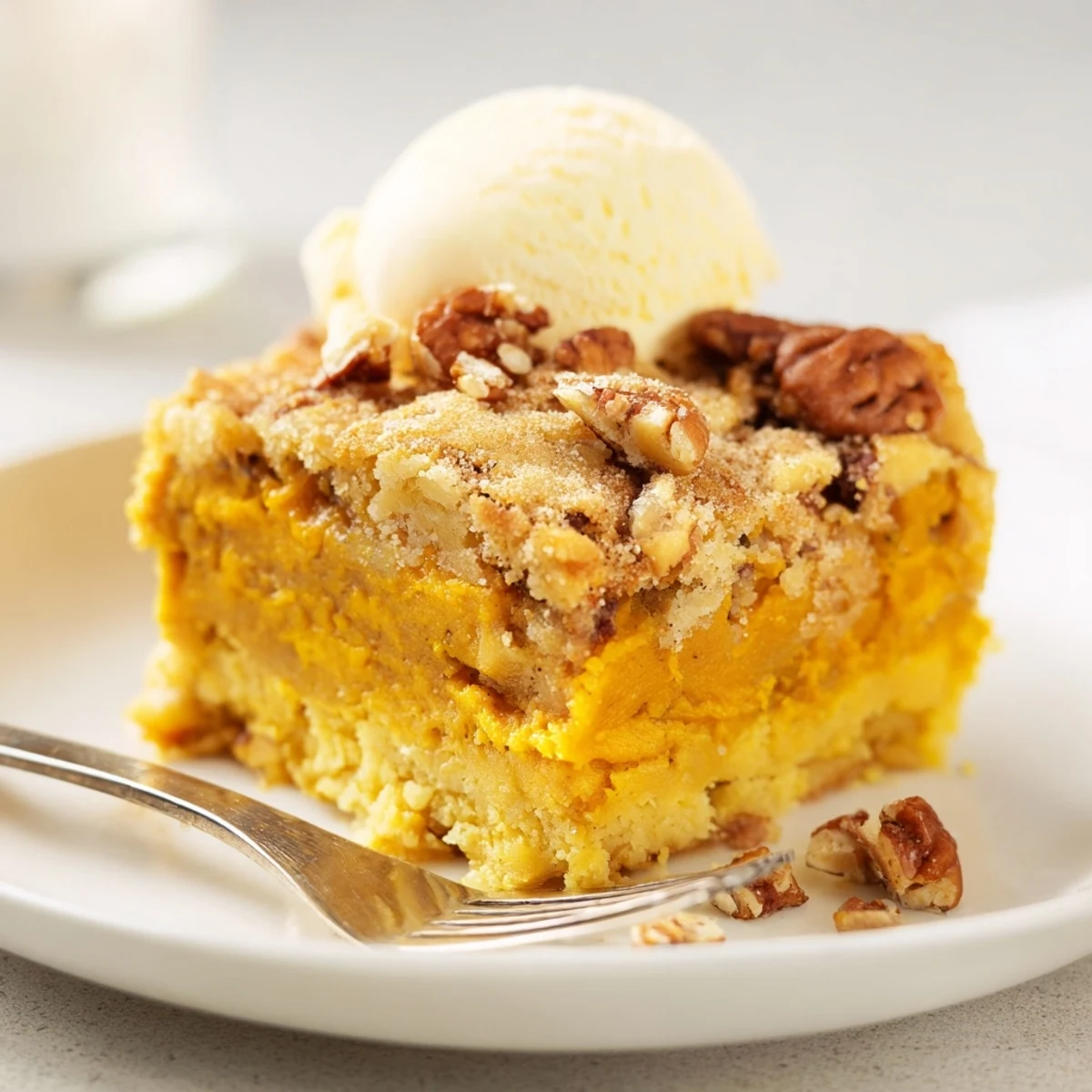 Homestyle Pumpkin Dump Cake cooling in pan, buttery cake mix and spice aroma