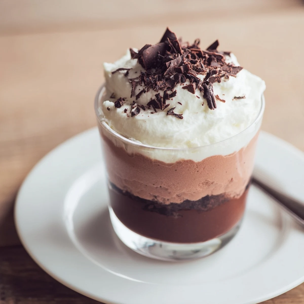 Chilled Triple Chocolate Mousse Cups showing dark, milk, and white silky layers.
