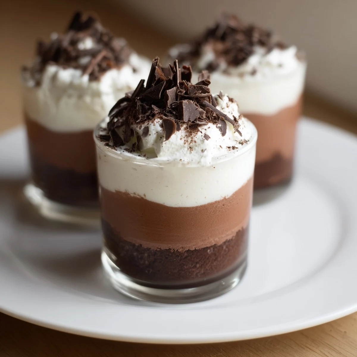 Triple Chocolate Mousse Cups layered in glasses with glossy swirls and shavings.