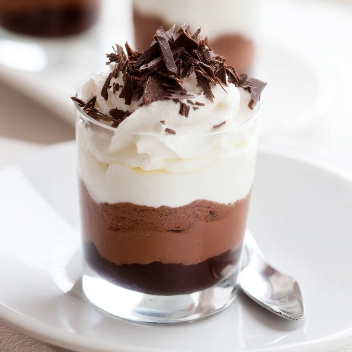 Decadent Triple Chocolate Mousse Cups topped with shaved chocolate, ready to spoon.