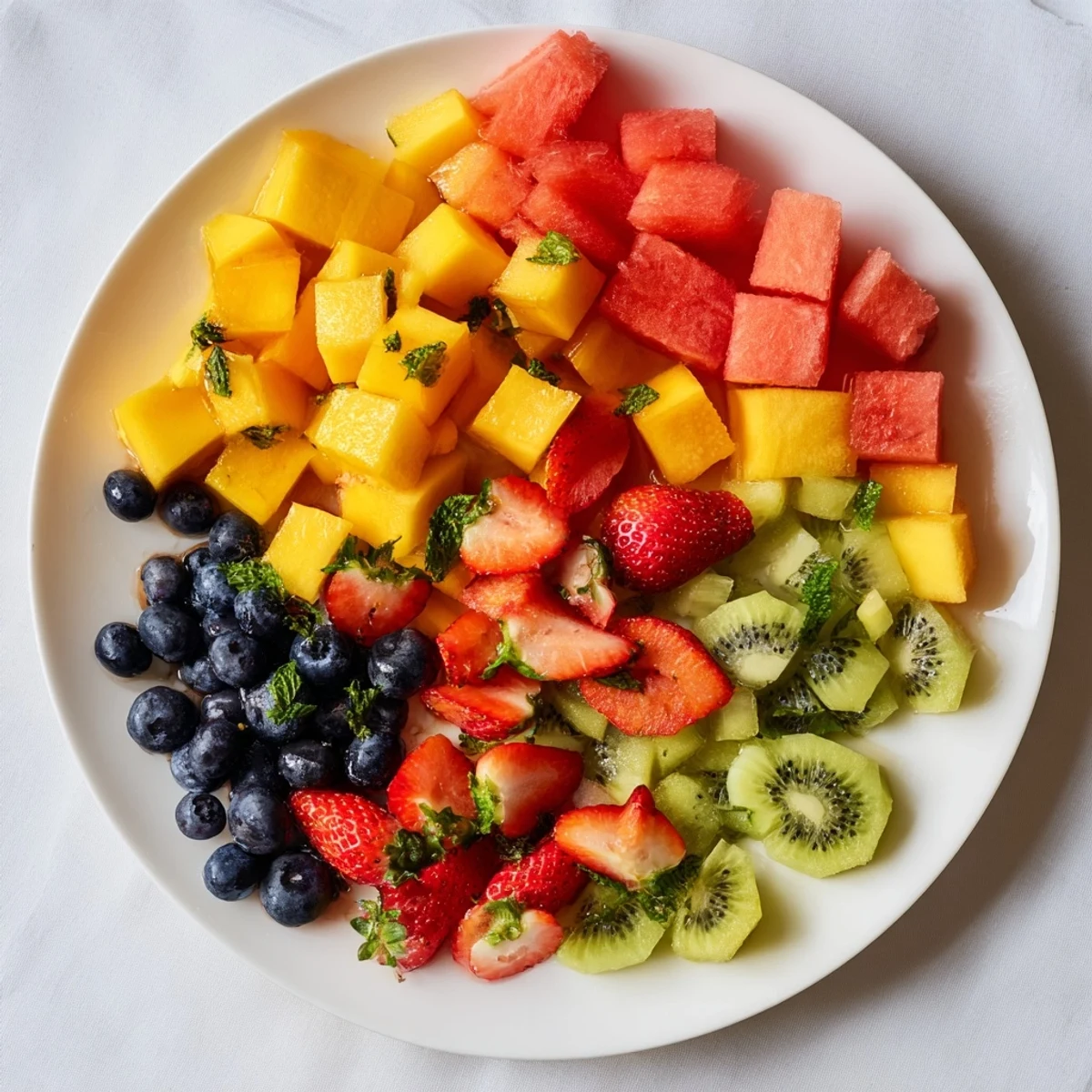 Colorful bowl of juicy summer fruit salad drizzled with refreshing citrus-mint syrup on a white table