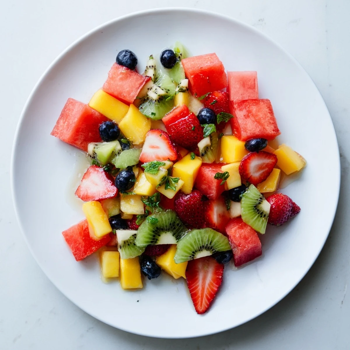 Fresh seasonal fruit salad with chopped mint leaves and citrus dressing chilling in a glass serving bowl