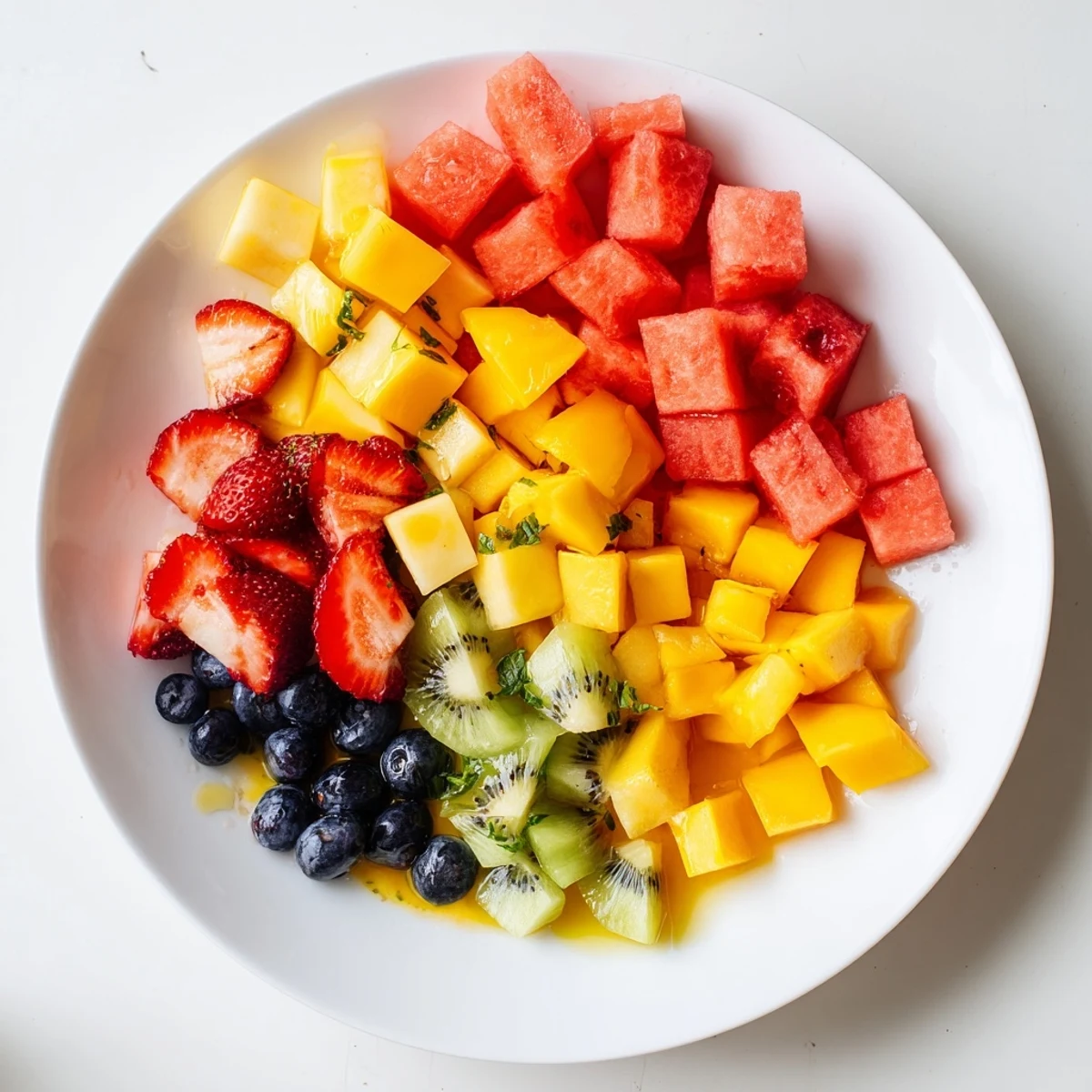 Vibrant summer fruit medley featuring watermelon mango strawberries and blueberries coated in tangy citrus glaze