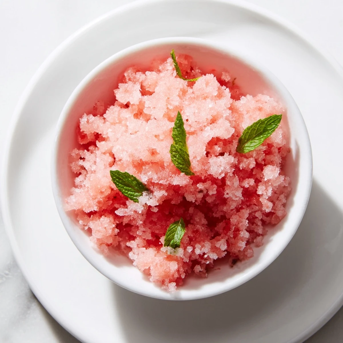 Refreshing pink watermelon granita served in chilled glasses with fresh mint garnish