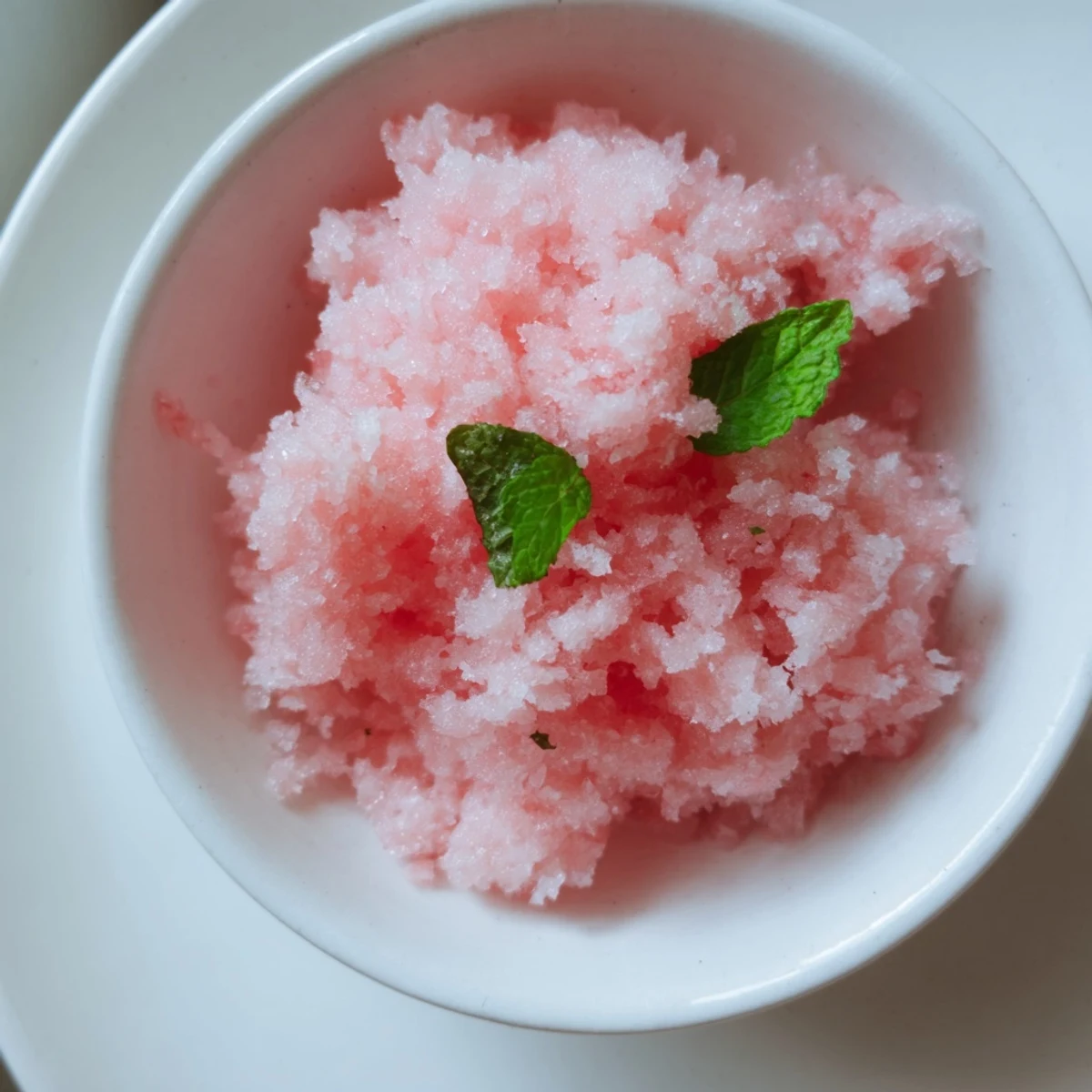 Fluffy icy watermelon granita texture spooned into a decorative bowl for summer dessert