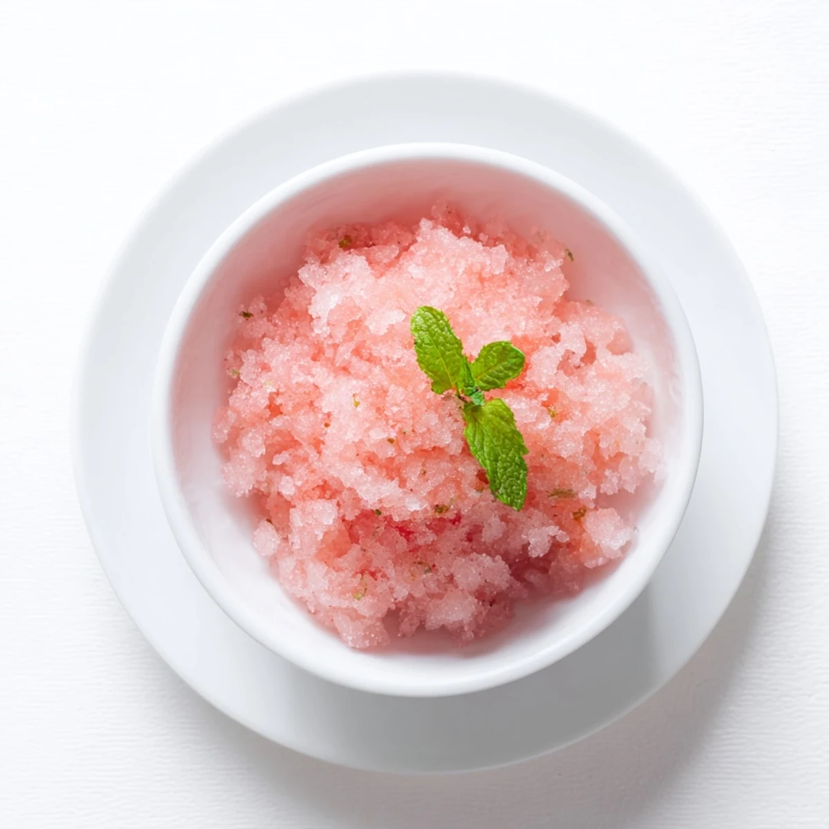 Sweet frozen watermelon granita with lime zest topping on white serving plate