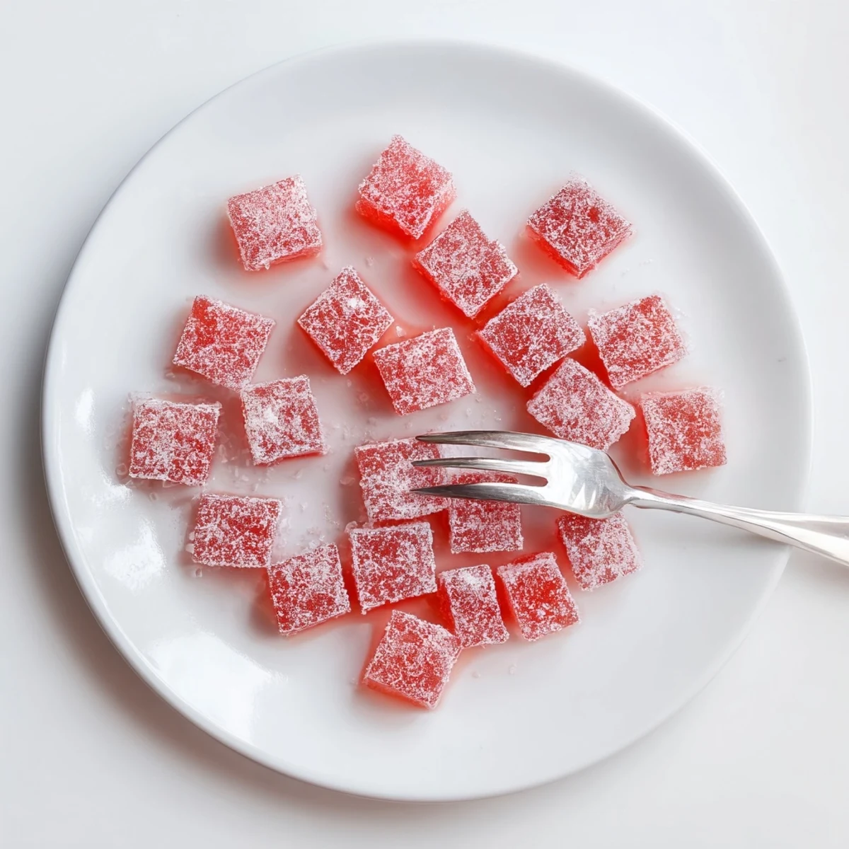 Pink watermelon candy squares glistening with sour sugar coating on white plate
