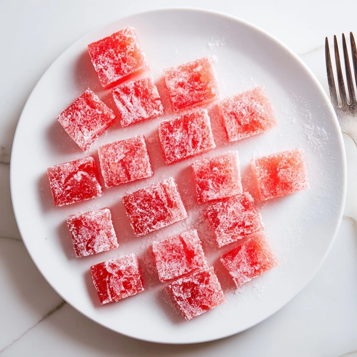 Homemade watermelon fruit chews rolled in sweet tart coating for snacking
