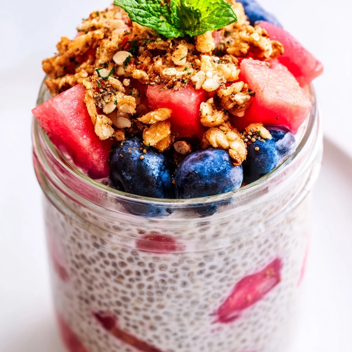 Refreshing watermelon chia parfait dessert with mint garnish perfect for hot summer days