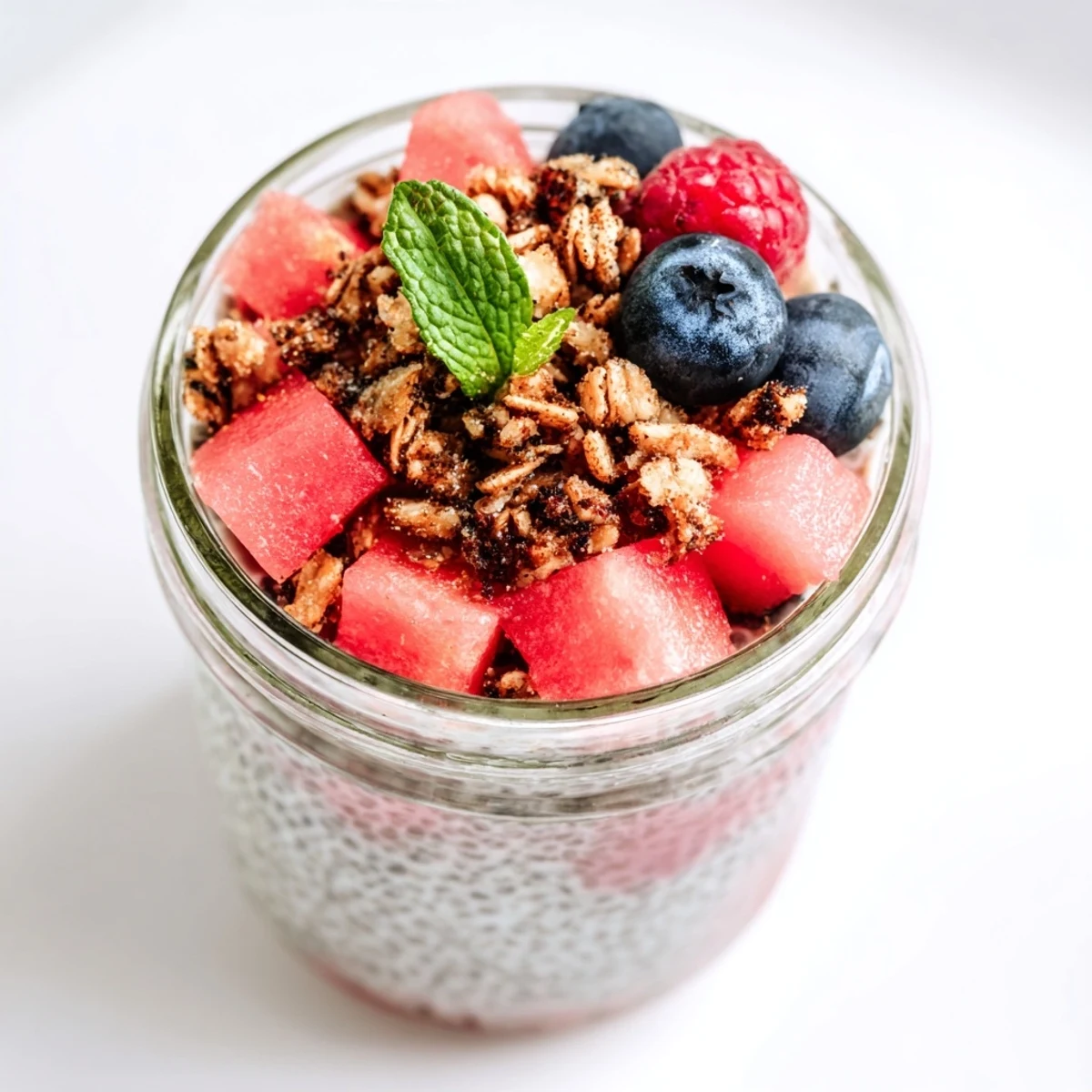 Colorful watermelon chia parfait layered with fresh berries and crunchy granola topping in glass jar