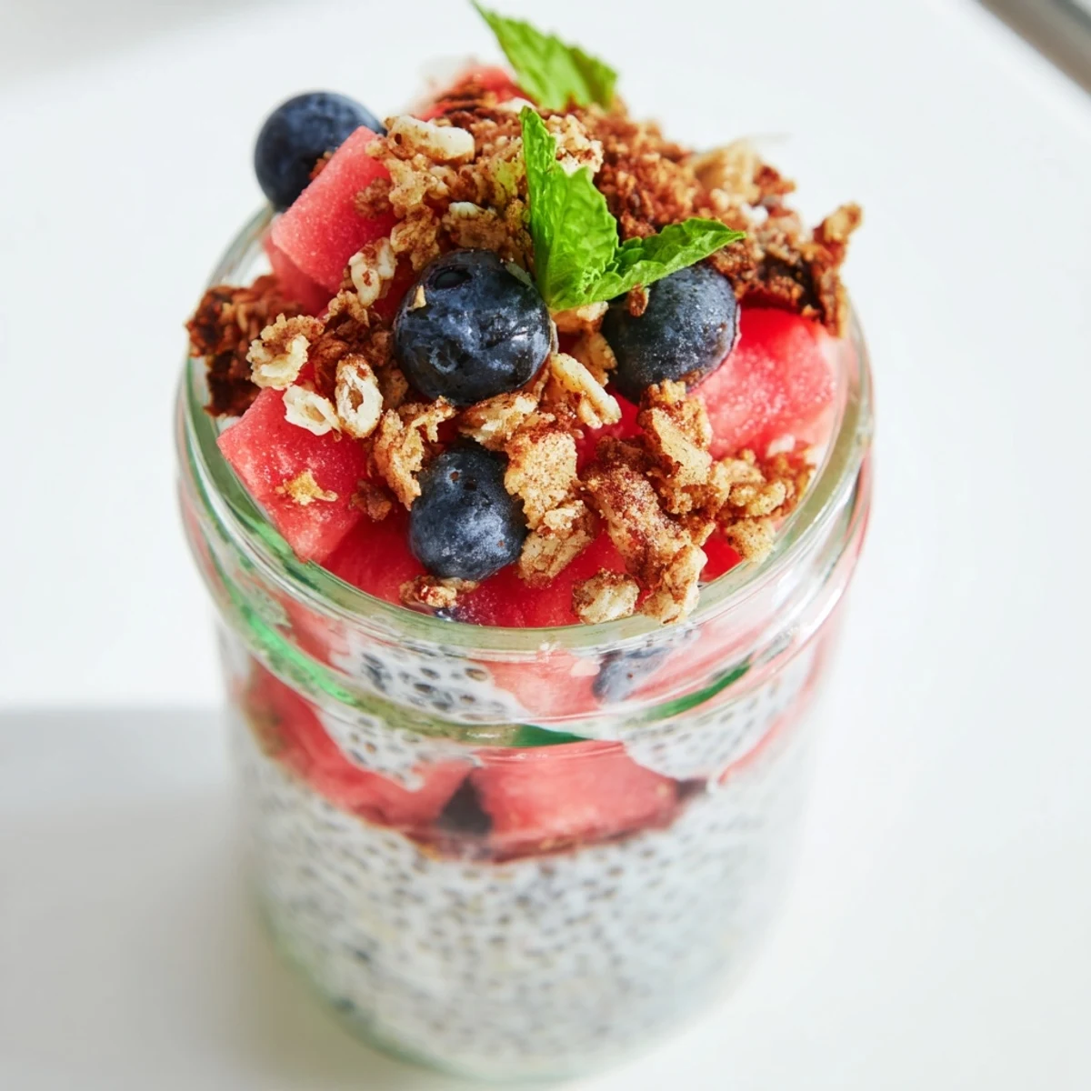 Vegan watermelon chia parfait with juicy fruit layers and creamy almond milk pudding