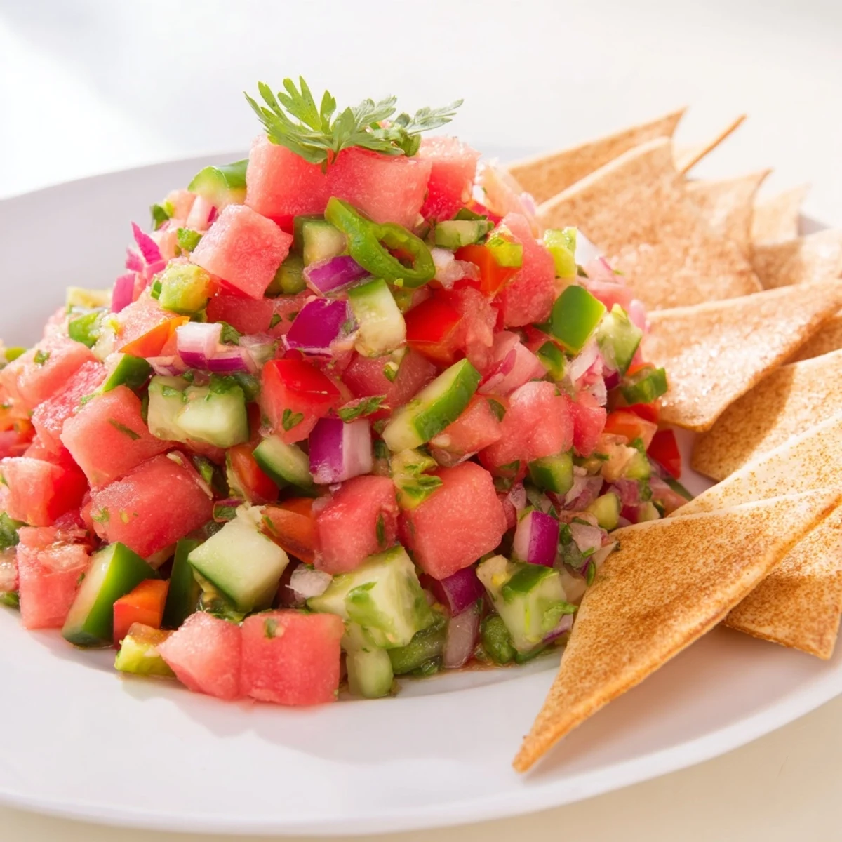 Colorful bowl of watermelon salsa with fresh cilantro, jalapeño, and lime served alongside cinnamon-sugar dusted tortilla chips for a sweet and spicy summer appetizer