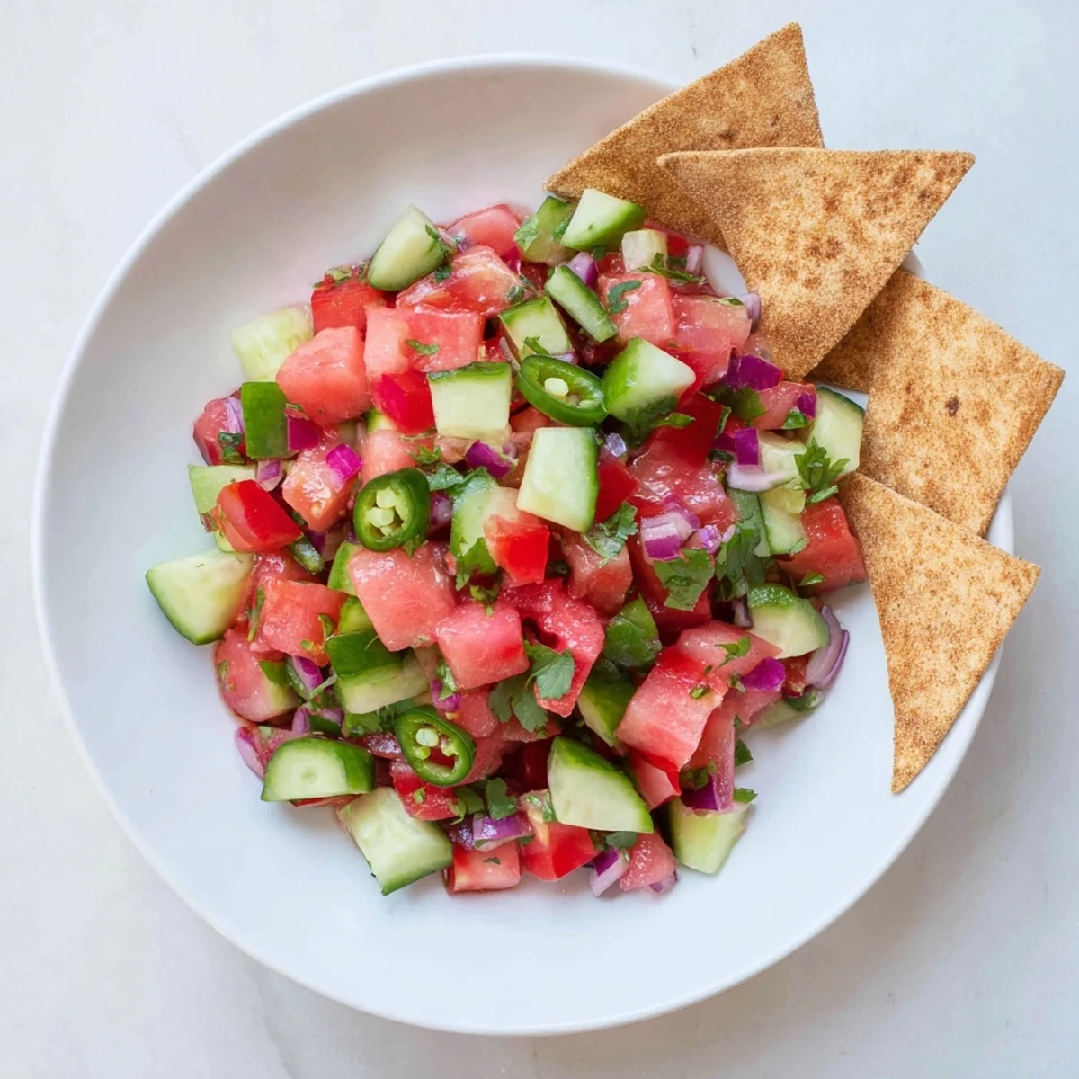 Refreshing watermelon salsa featuring juicy red cubes, crisp cucumber, and peppers paired with warm golden cinnamon tortilla chips for parties and picnics