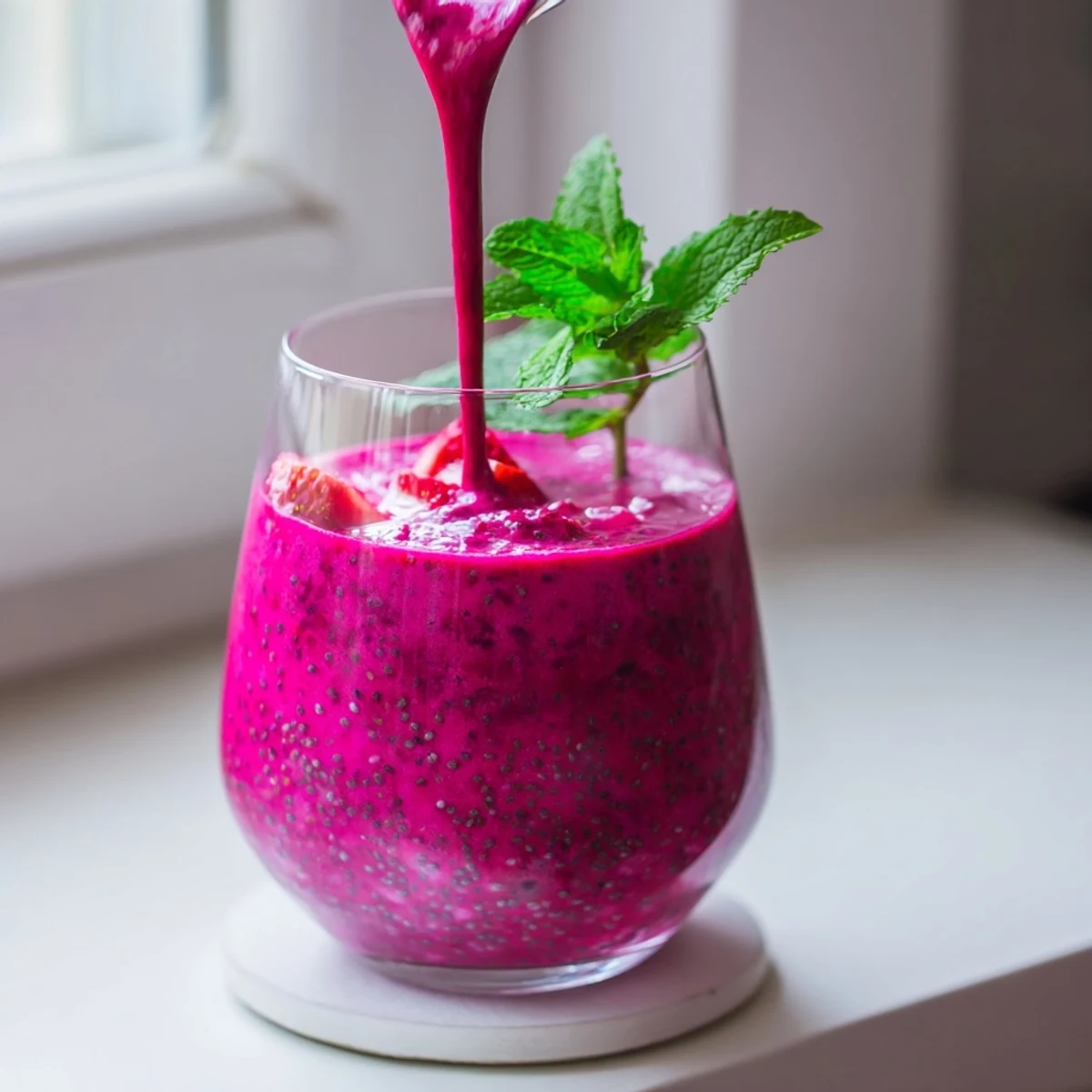 Vibrant magenta beet smoothie poured into a glass with fresh strawberries and banana slices garnishing the rim