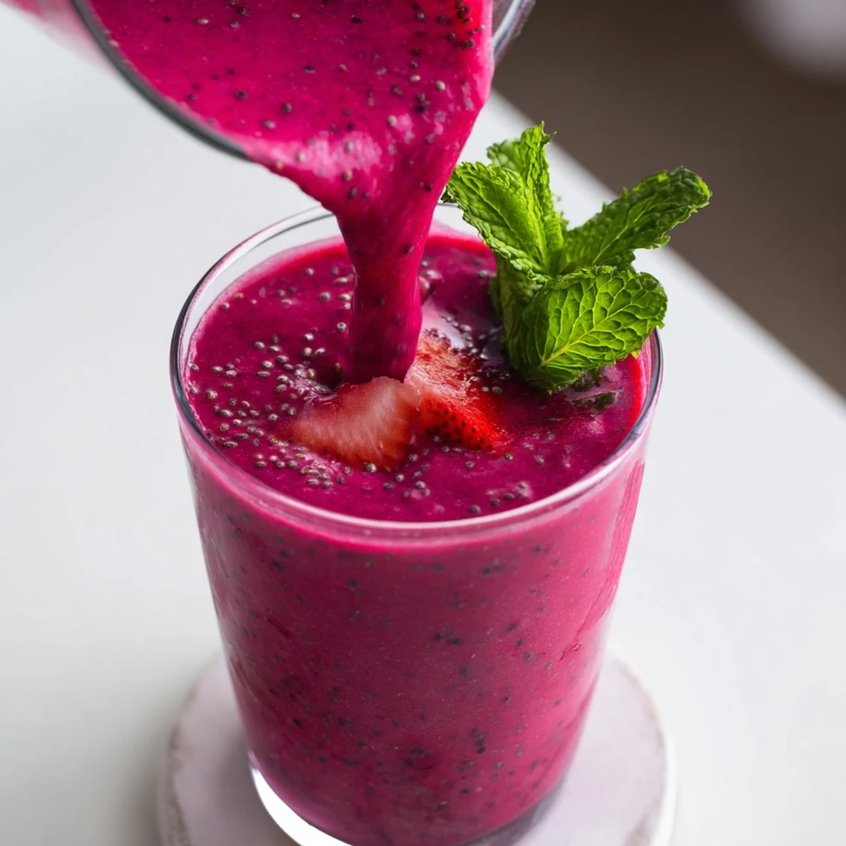 Creamy beet smoothie blended with Greek yogurt, pineapple, and strawberries displaying a bright pink color in a tall glass
