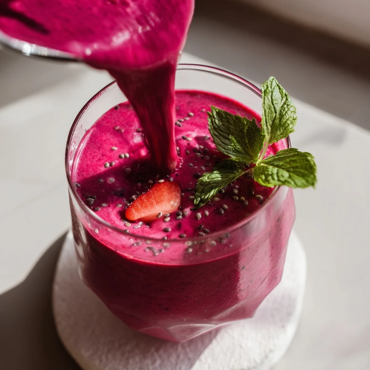 Fresh beet smoothie featuring earthy red beets, frozen strawberries, and creamy yogurt swirled together for a nutritious breakfast drink