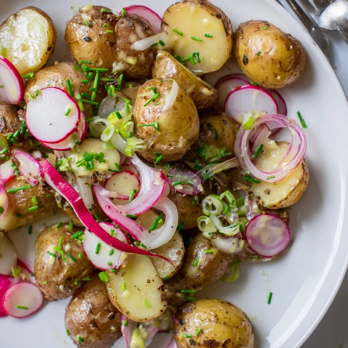 Golden roasted potato salad with fresh herbs and tangy mustard dressing in a serving bowl