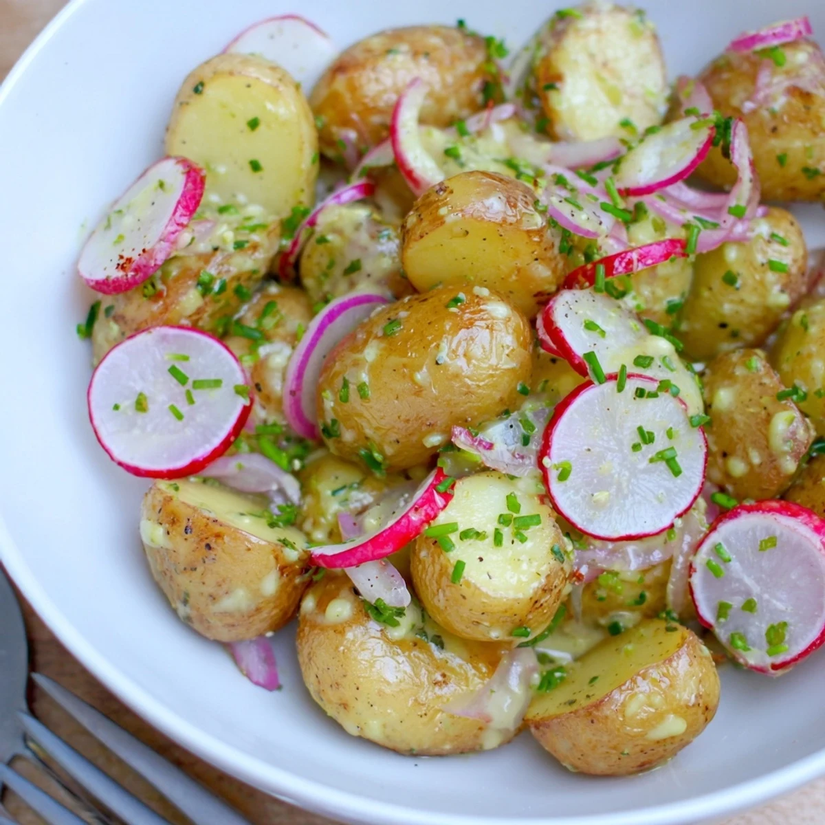 Crispy baby potato salad featuring red onion radishes and parsley coated in zesty Dijon vinaigrette