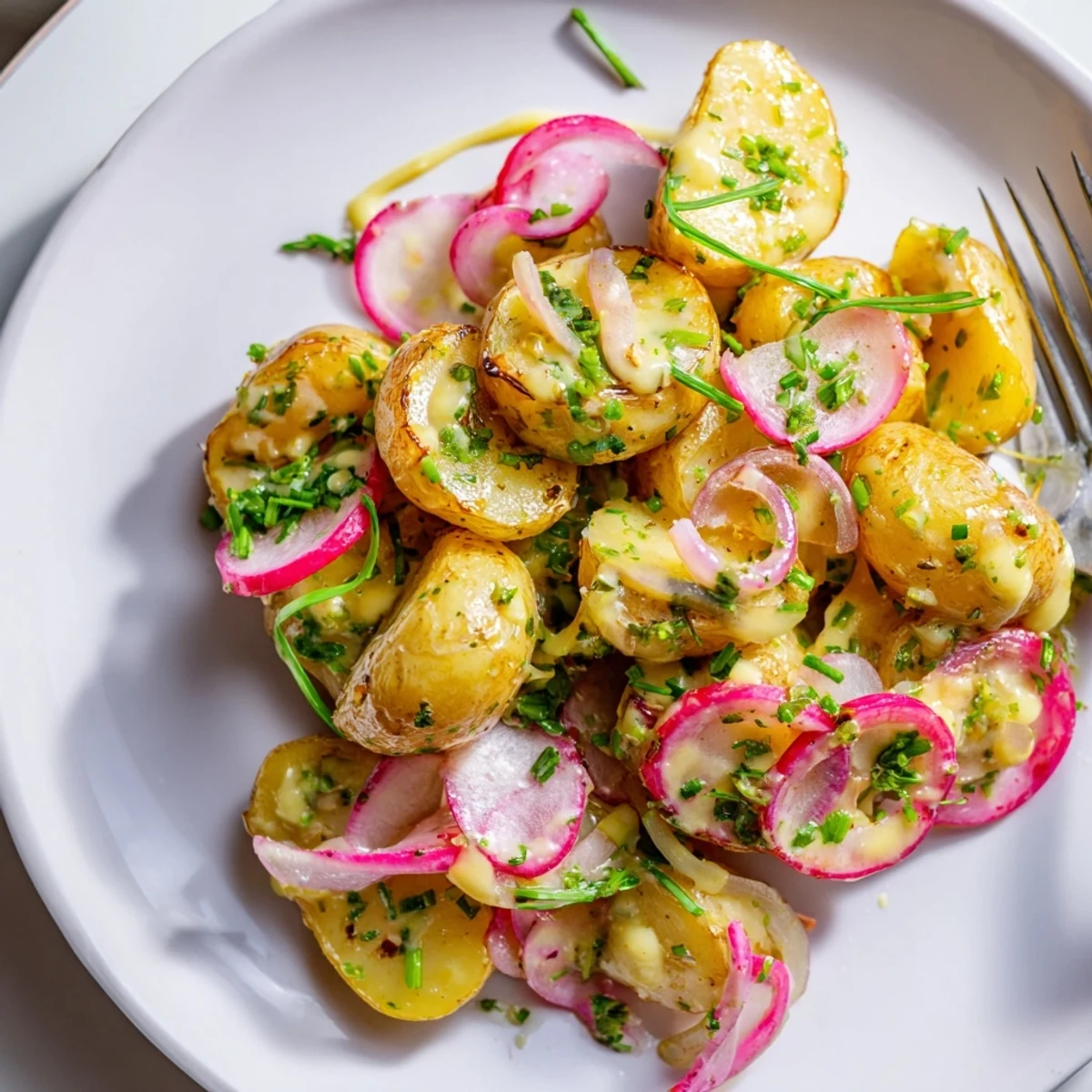 Warm roasted potato salad tossed with crisp vegetables and bright herb dressing for summer gatherings