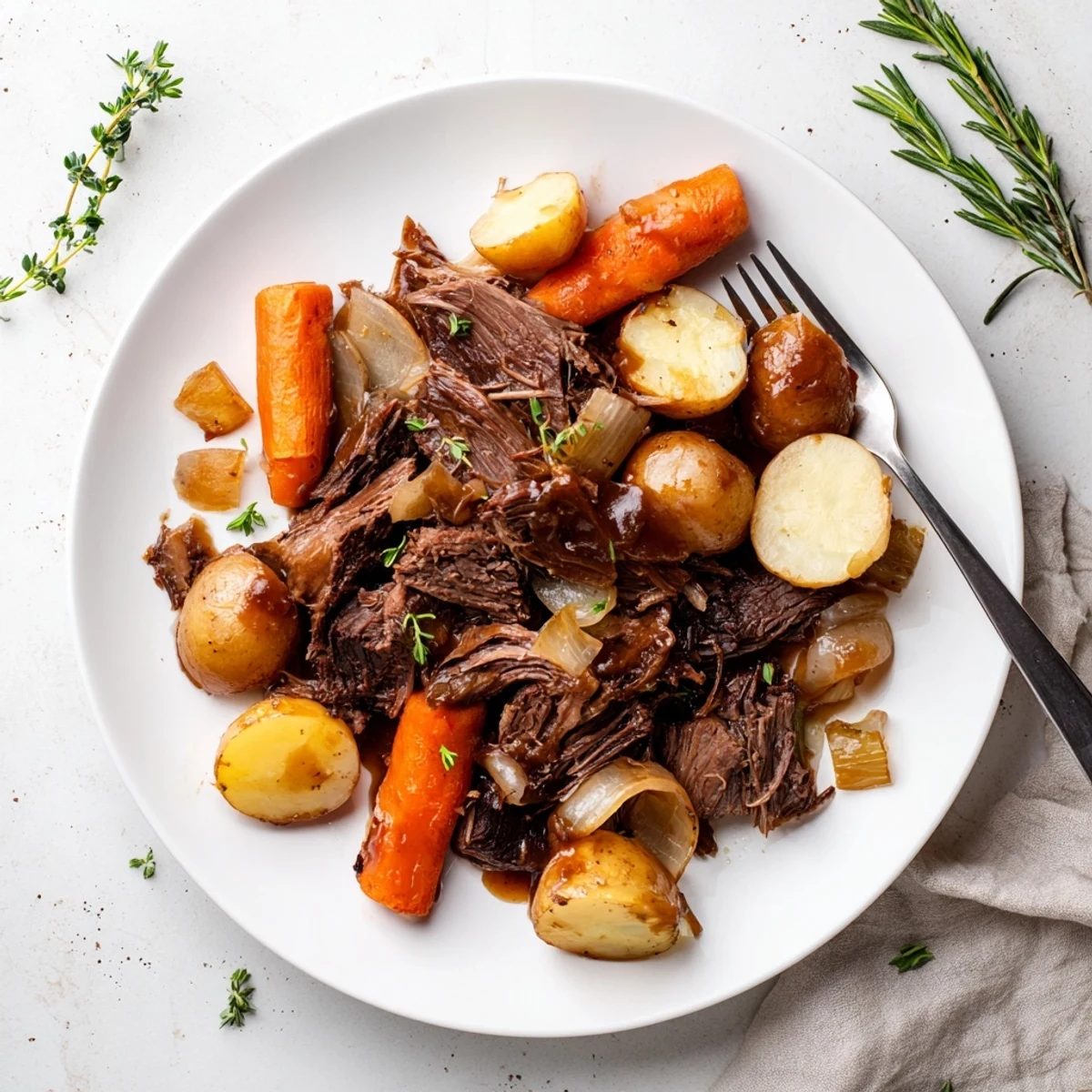 Herb braised beef chuck roast served with tender vegetables and rich braising sauce